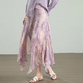 Womens Lavender Floral Silk Maxi Skirt Asymmetric Hem